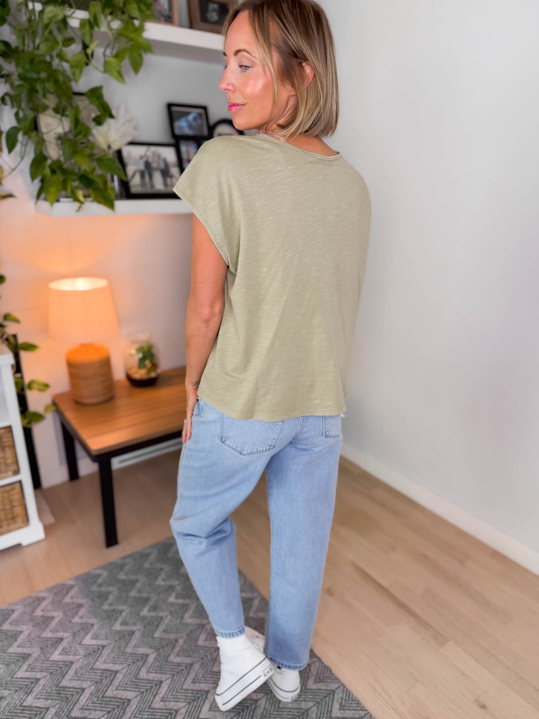 Brisa Split V Cotton Tee- FERN