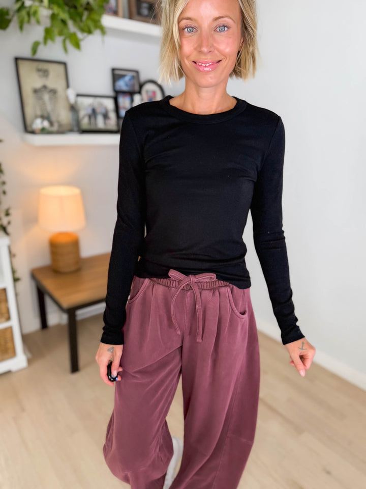 Tansy Basic Crewneck Longsleeve Knit Top- BLACK-FINAL SALE