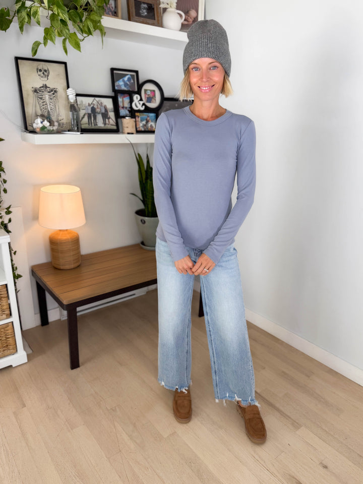 Tansy Basic Crewneck Longsleeve Knit Top- VINTAGE BLUE-FINAL SALE