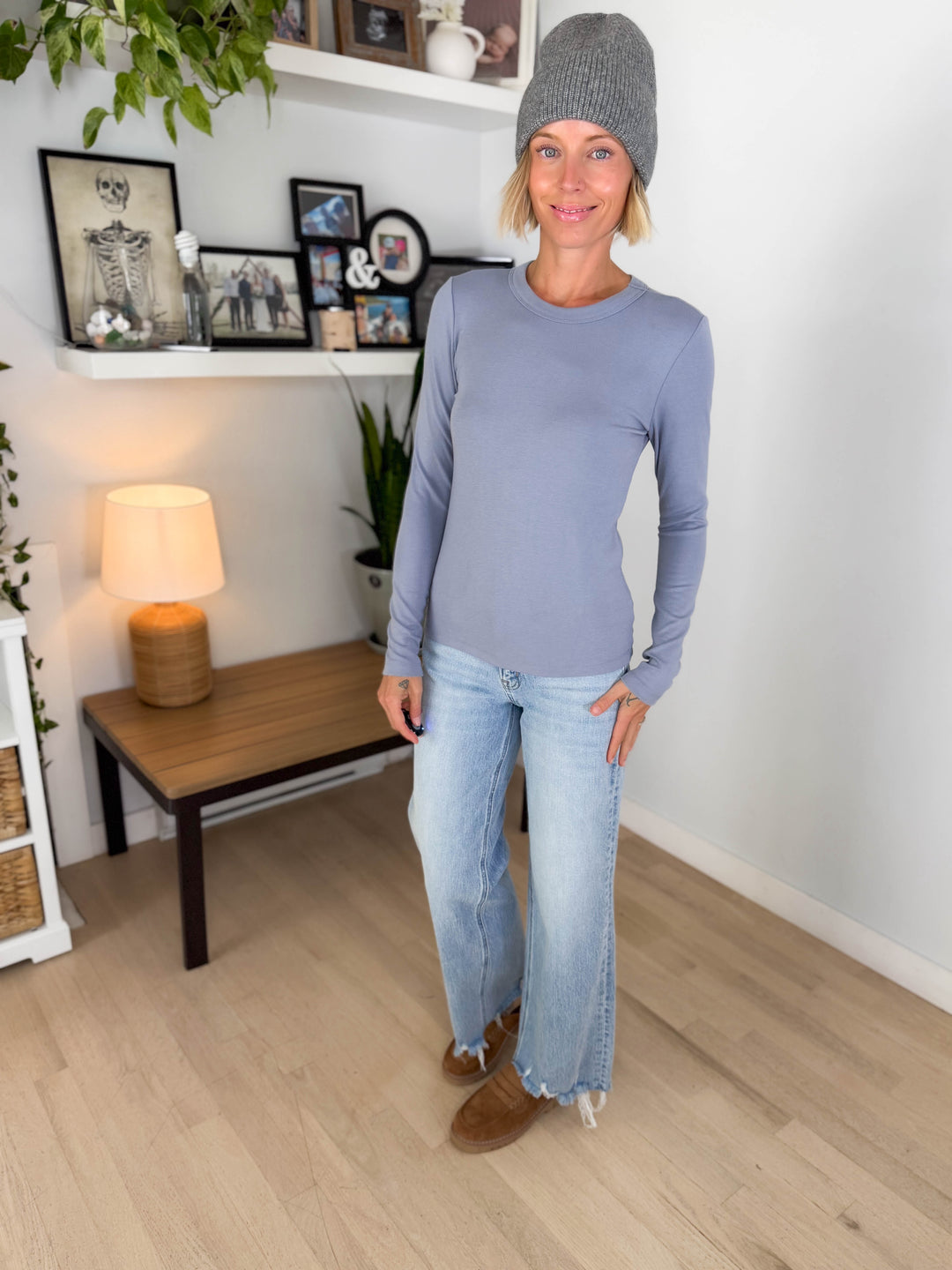 Tansy Basic Crewneck Longsleeve Knit Top- VINTAGE BLUE-FINAL SALE