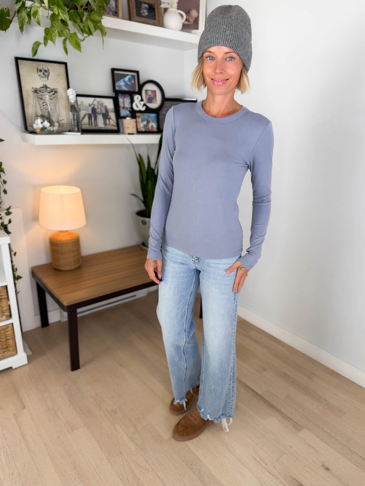 Tansy Basic Crewneck Longsleeve Knit Top- VINTAGE BLUE-FINAL SALE
