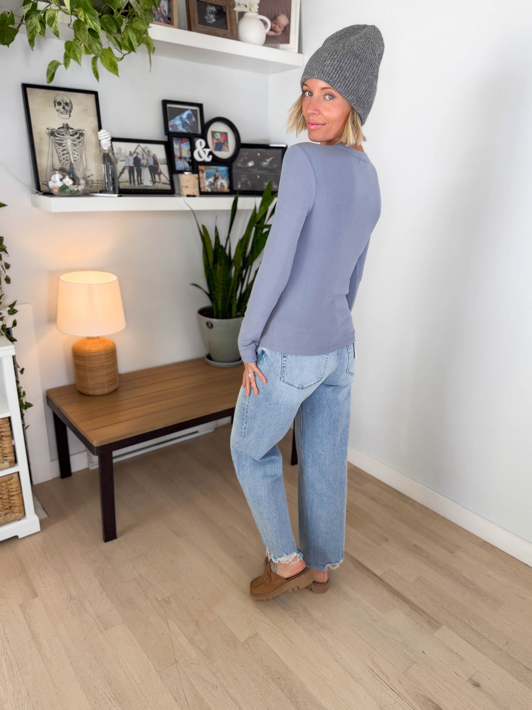 Tansy Basic Crewneck Longsleeve Knit Top- VINTAGE BLUE-FINAL SALE