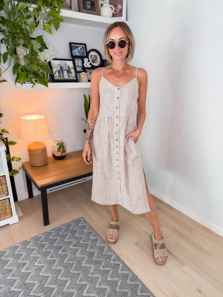 Arlowe Linen Blend Tank Dress- BROWN STRIPE