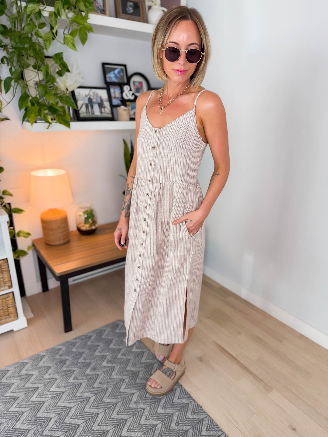 Arlowe Linen Blend Tank Dress- BROWN STRIPE