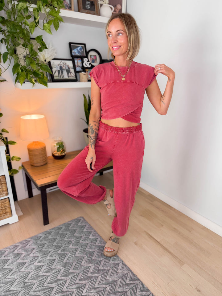 Maude Washed Stretch Cotton Set- DARK RED
