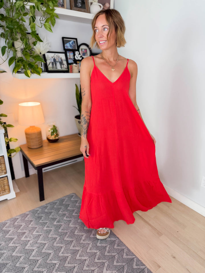 Billow Boho Sleeveless V-Neck Maxi- FLAME