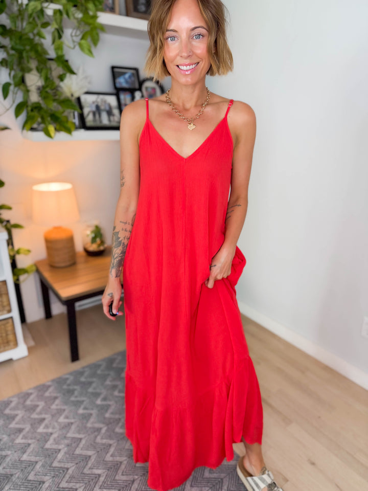 Billow Boho Sleeveless V-Neck Maxi- FLAME