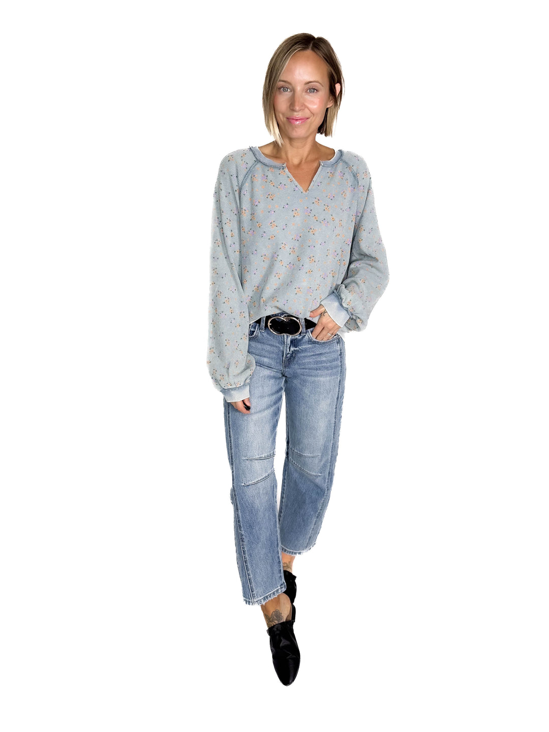 Tess Thermal Knit Long Sleeve- WASHED DENIM-FINAL SALE *L*