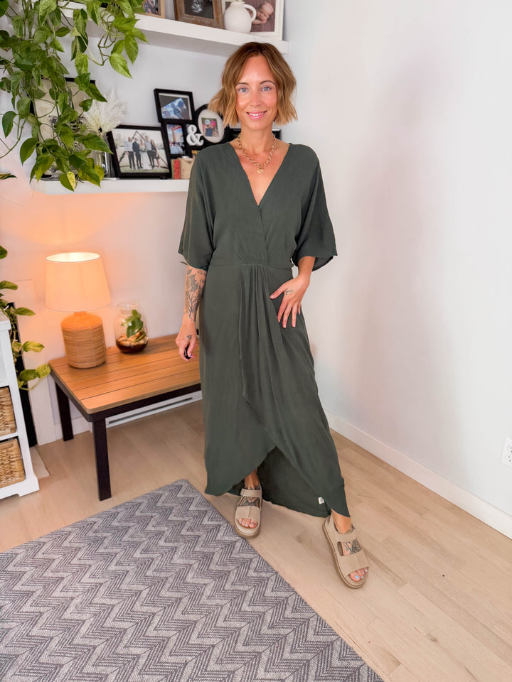 Kelda Surplice Kimono Dress- MILITARY GREEN