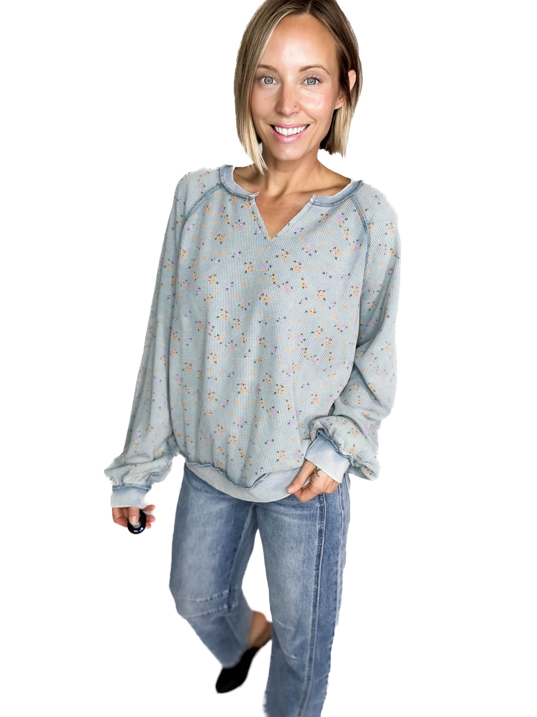 Tess Thermal Knit Long Sleeve- WASHED DENIM-FINAL SALE *L*