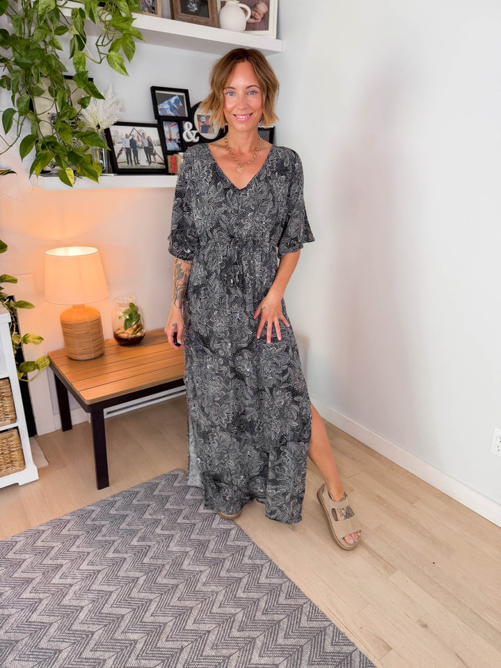 Dayze Floral Kimono Dress- BLACK/NATURAL