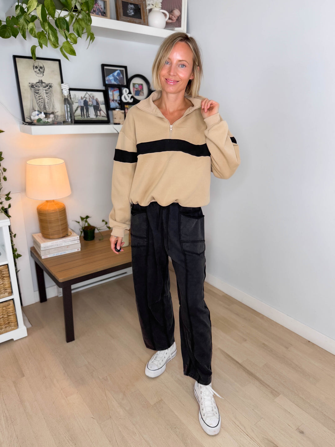 Elm Stripe Block 1/4 Zip- TAUPE/BLACK