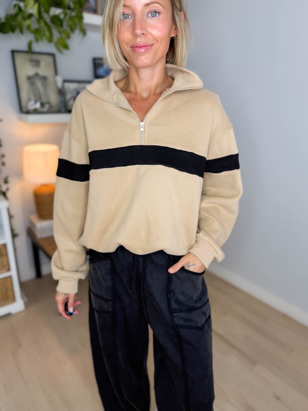 Elm Stripe Block 1/4 Zip- TAUPE/BLACK