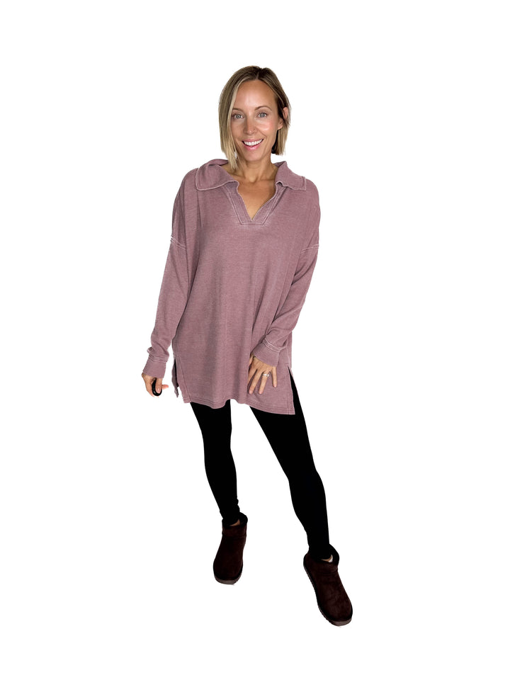 MONO B Arlen Cotton Blend Waffle Knit Oversized Long Sleeve- ROSE TAUPE-FINAL SALE