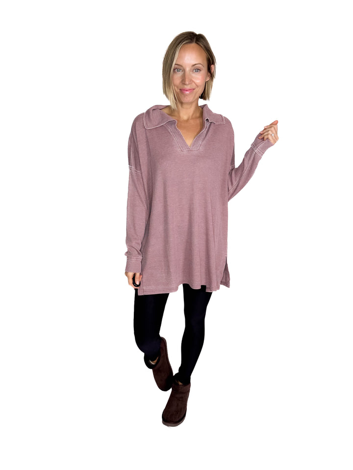 MONO B Arlen Cotton Blend Waffle Knit Oversized Long Sleeve- ROSE TAUPE-FINAL SALE