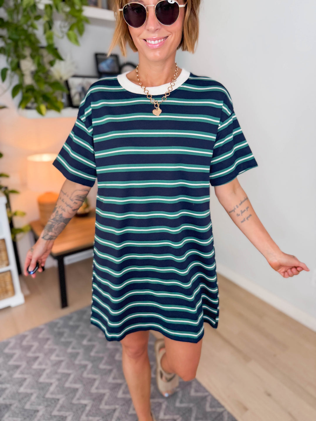 Drift Stripe Short Sleeve T-Shirt Dress- NAVY MULTI