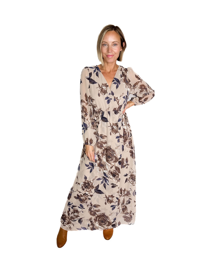 Meadow Long Sleeve Floral Maxi Dress- TAUPE/MOCHA
