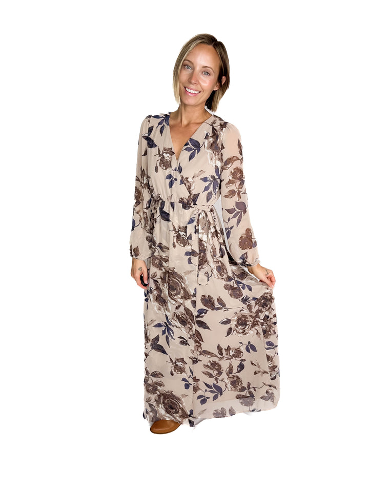Meadow Long Sleeve Floral Maxi Dress- TAUPE/MOCHA