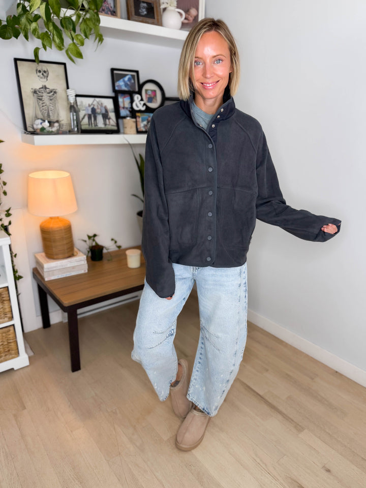 Janelle Snap Button Fleece Jacket- DARK GREY