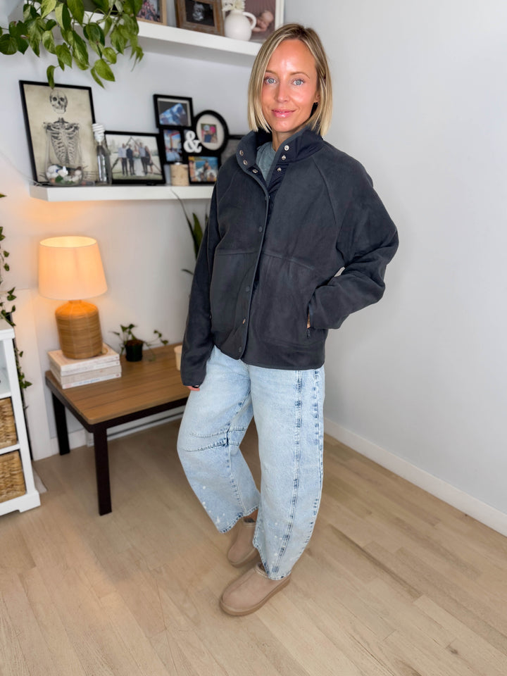 Janelle Snap Button Fleece Jacket- DARK GREY