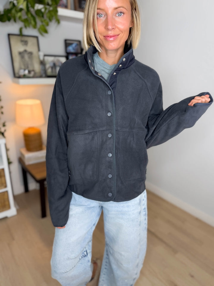 Janelle Snap Button Fleece Jacket- DARK GREY