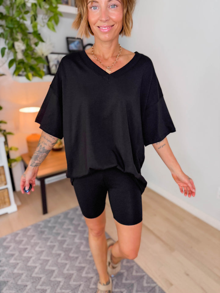 Champlain V-neck Cotton Short Set- BLACK