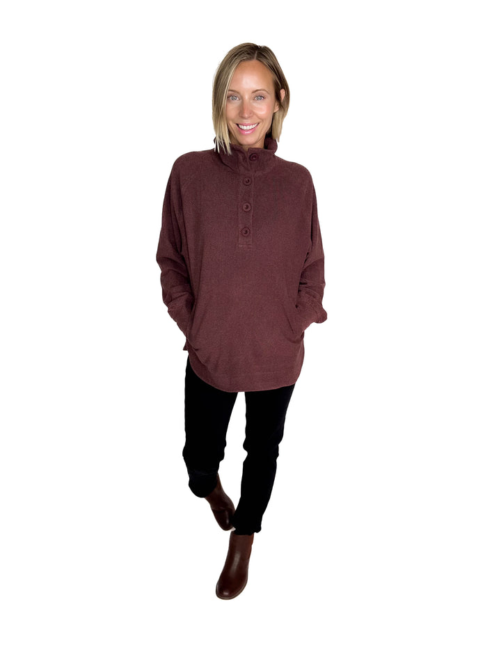 Rove Rib Brush Mock Neck Pullover- DARK CHERRY