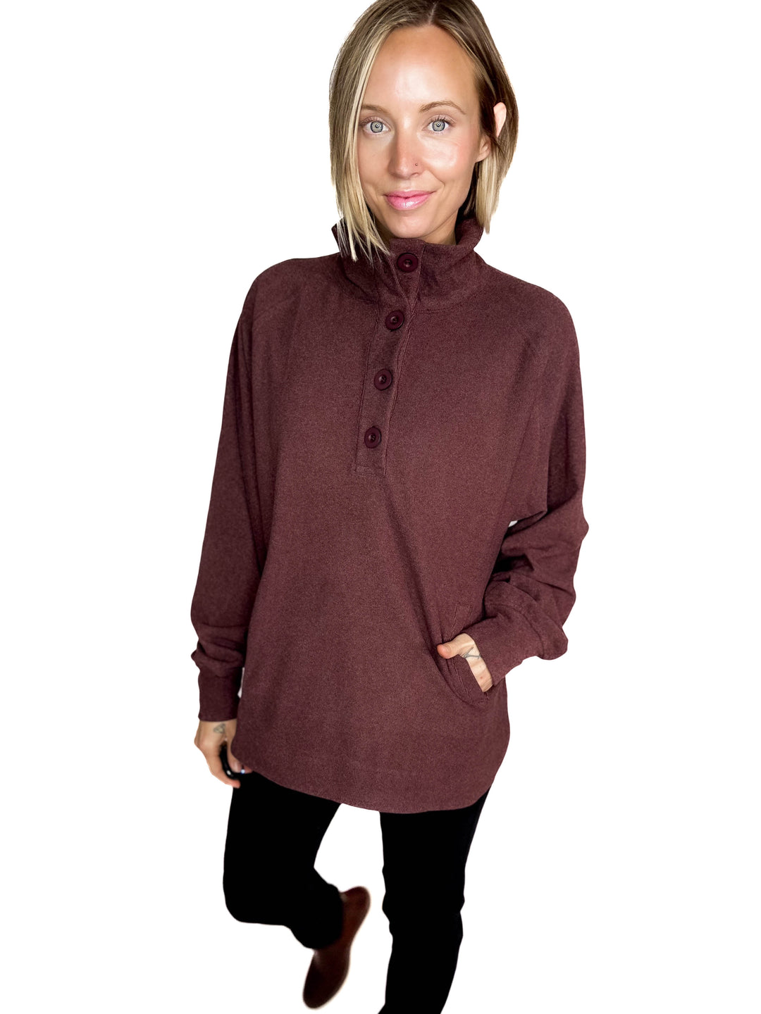Rove Rib Brush Mock Neck Pullover- DARK CHERRY