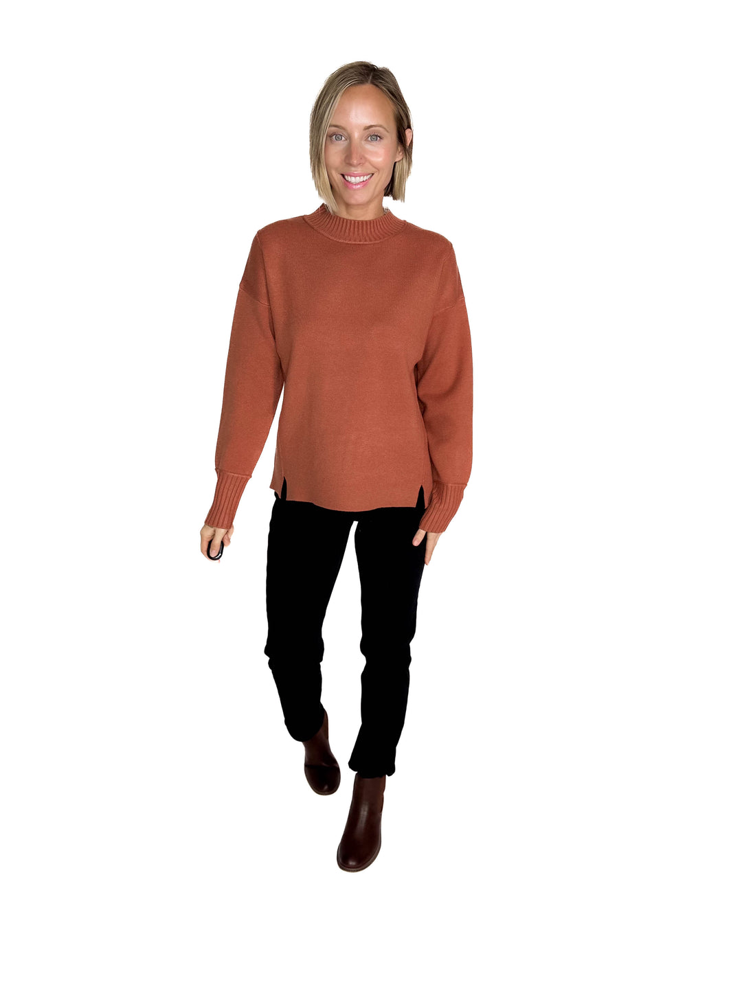 Kyra Mock Neck Long Sleeve Pullover With Side Slits- COPPER