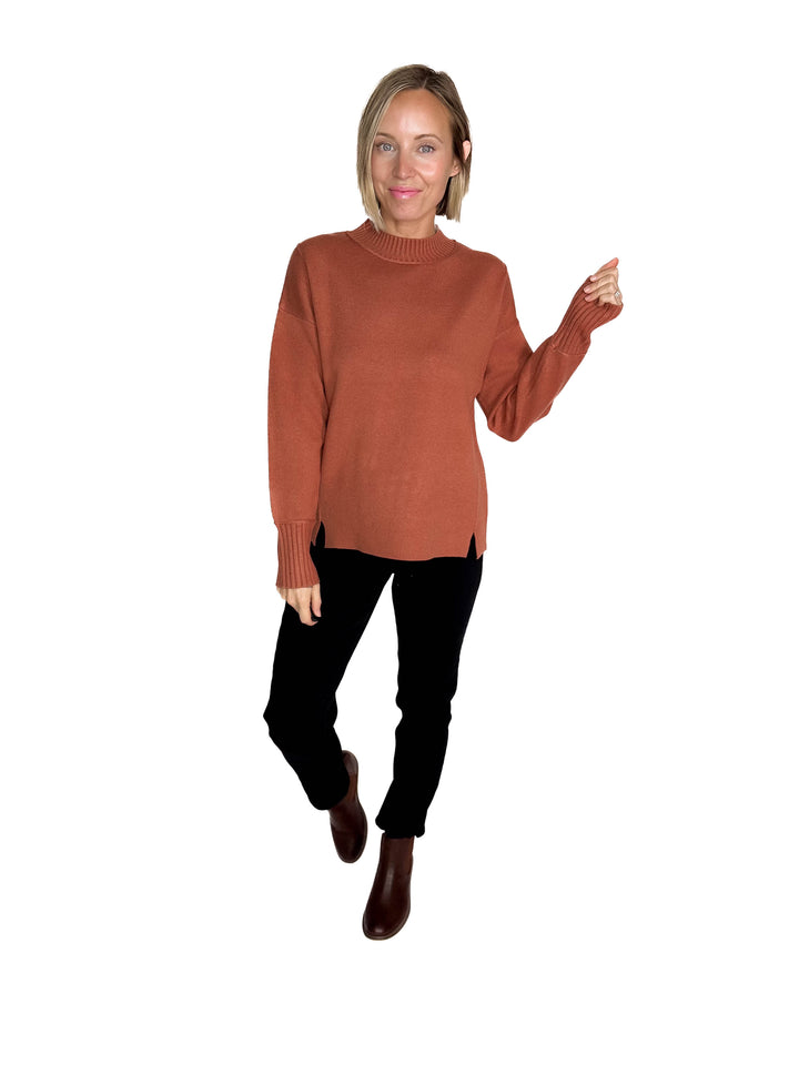 Kyra Mock Neck Long Sleeve Pullover With Side Slits- COPPER