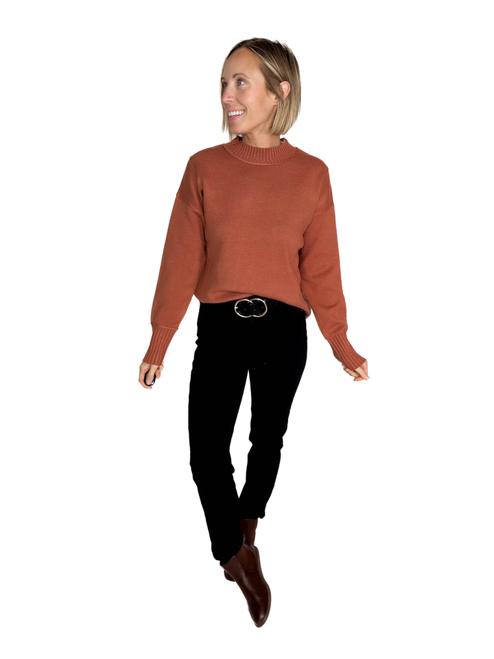 Kyra Mock Neck Long Sleeve Pullover With Side Slits- COPPER