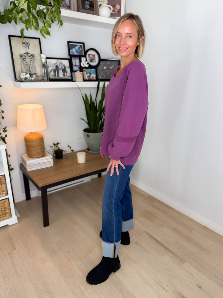 Irini Lace Accent Vintage Washed Pullover- PURPLE