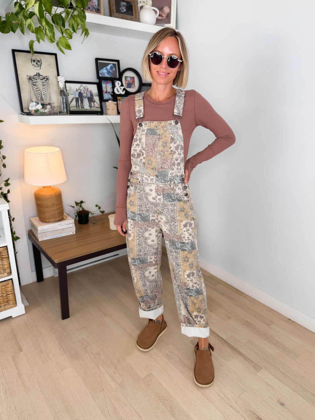 Fleur Vintage Floral Barrel Overalls- TAUPE MULTI