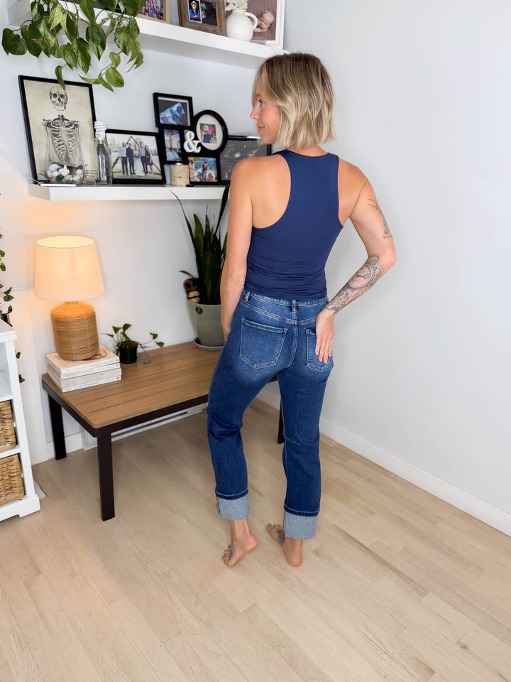 Risen Adley High Rise Cuffed Jeans- DARK WASH