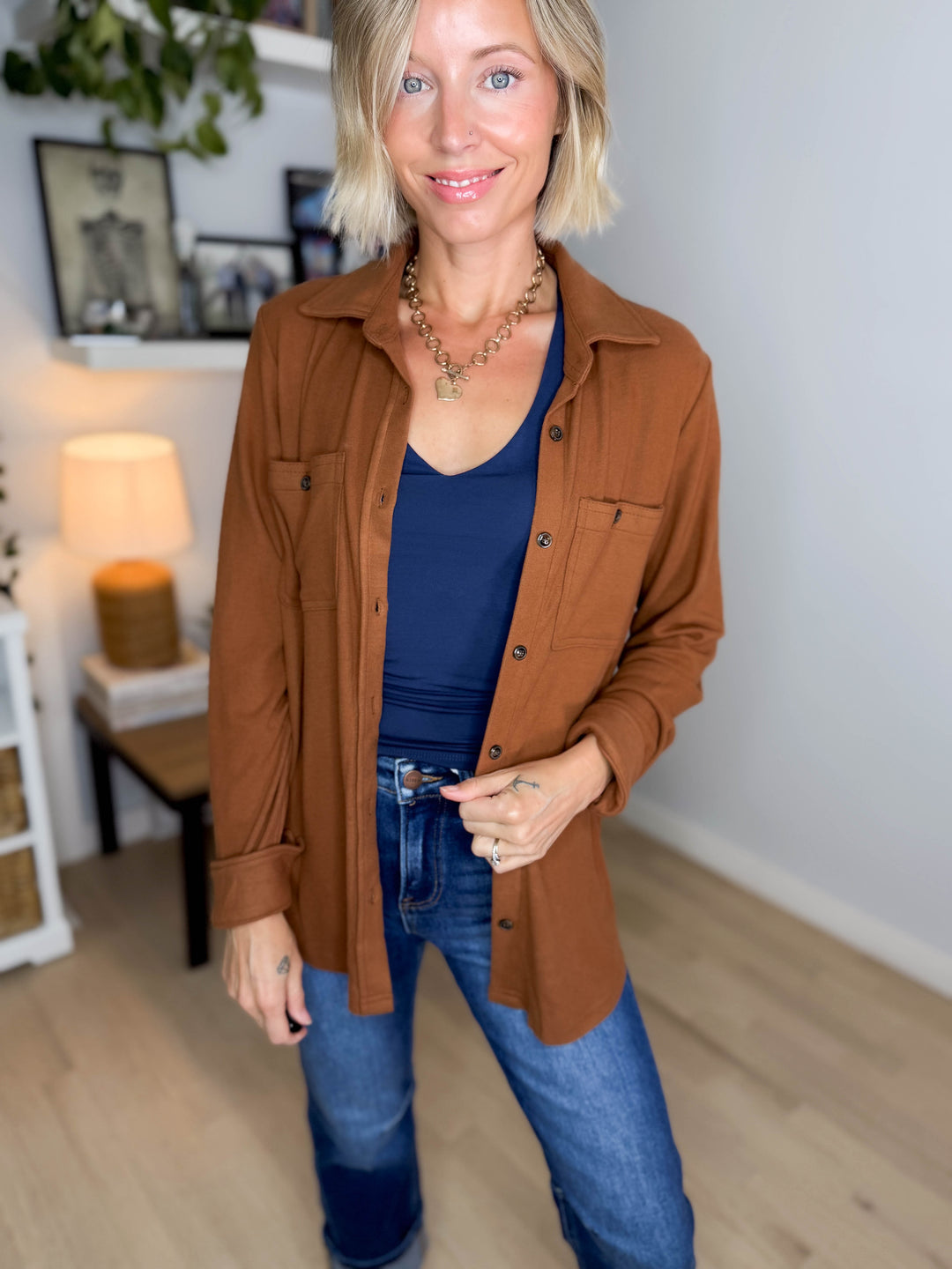 Arabella Plaid Button Up Shacket- BROWN