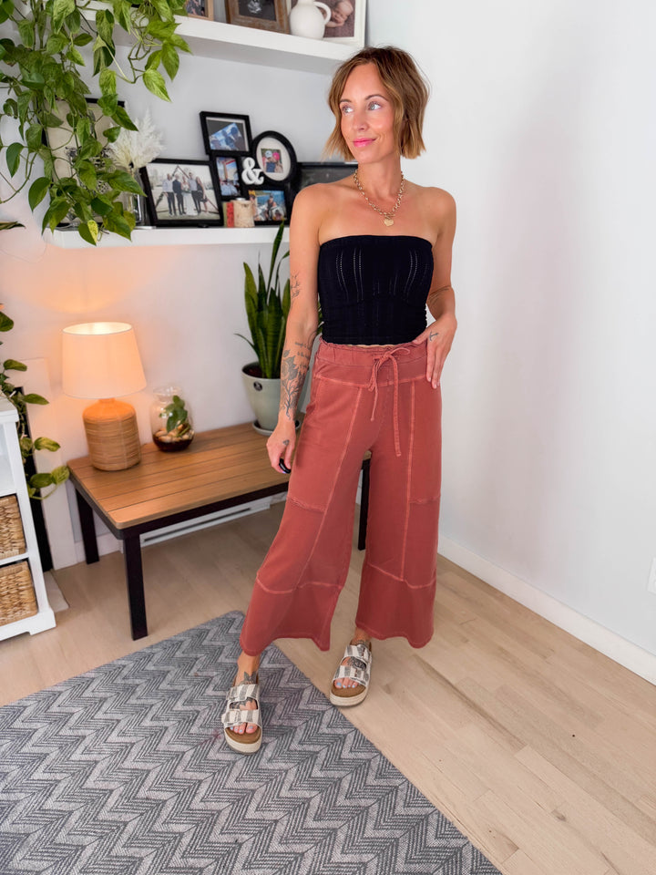 Zorah Wide Leg French Terry Pant- RUST-FINAL SALE