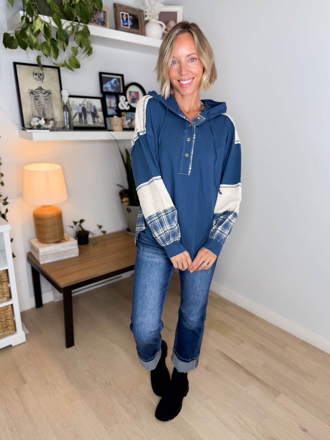 Maren Plaid Cotton Hoodie- DENIM