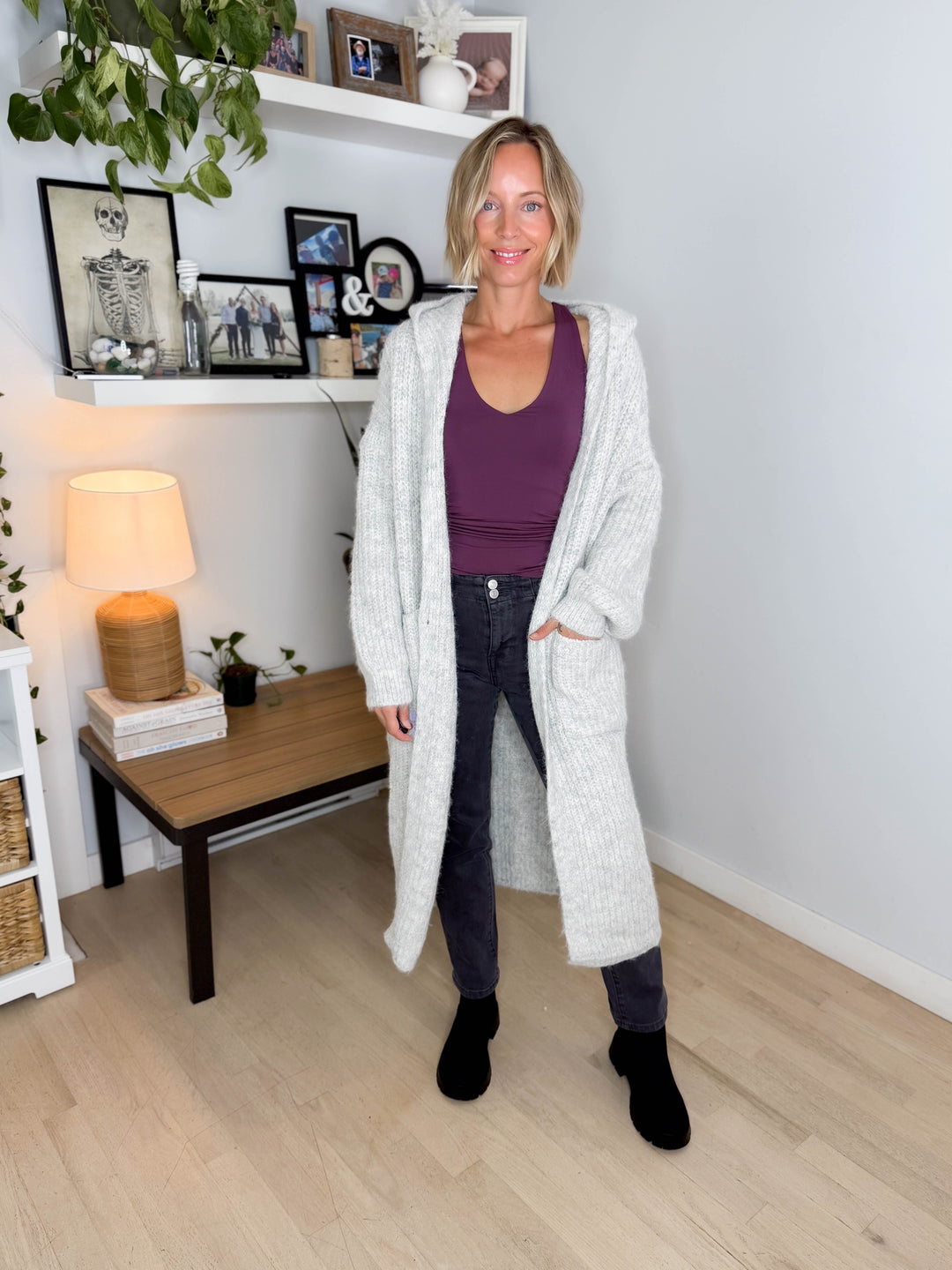 Cabin Cozy Hooded Cardigan- LT GREY