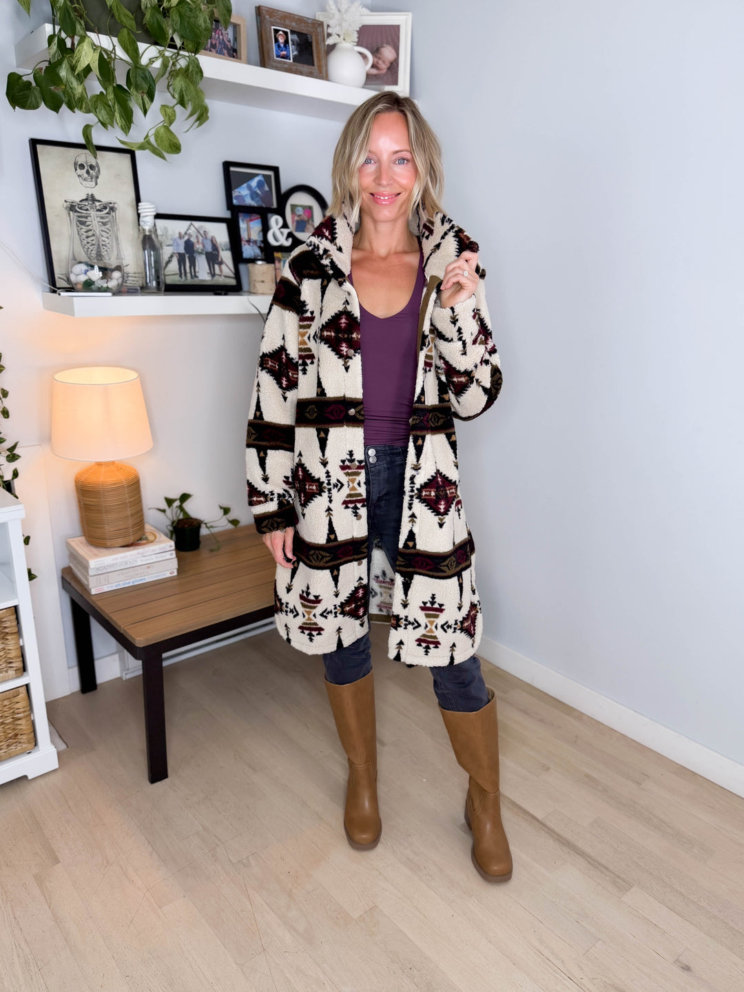 Ainsley Longline Sherpa Jacket- SEPIA