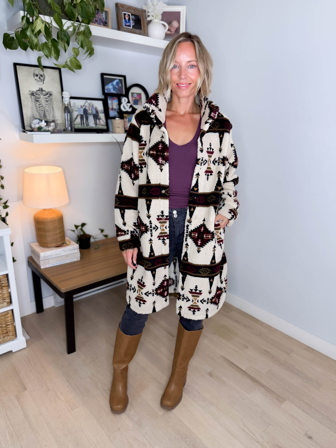 Ainsley Longline Sherpa Jacket- SEPIA
