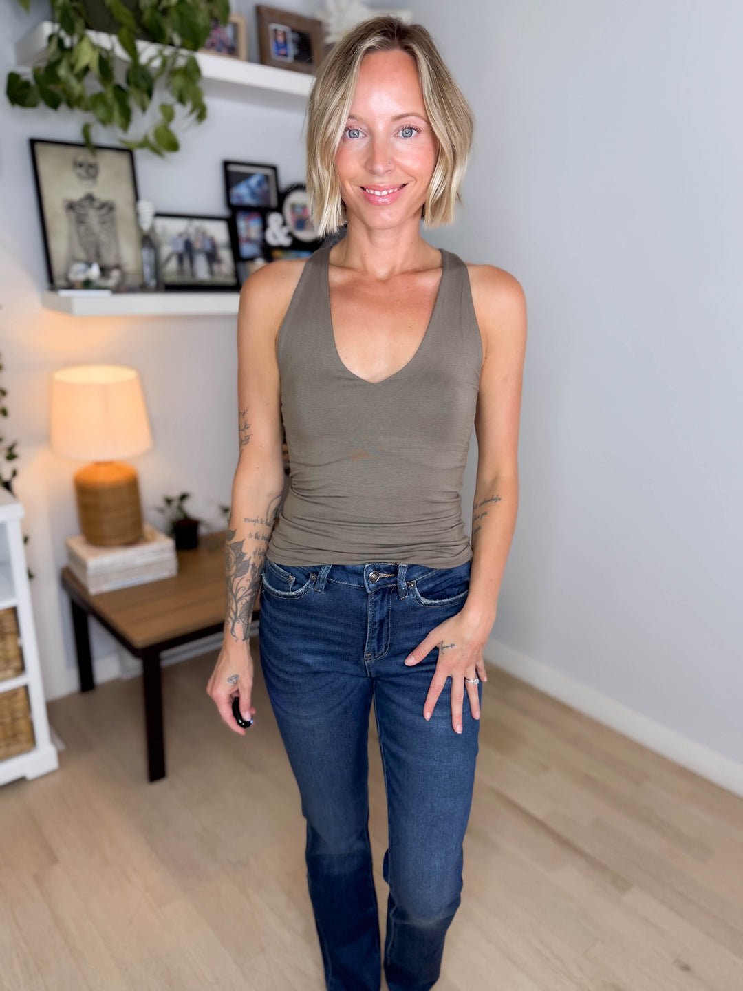 Sandra Doubled Lined V-Neck Racerback Tank- BURNT OLIVE