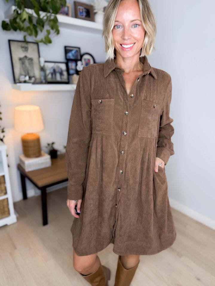 Evenelle Corduroy Mini Dress- MOCHA