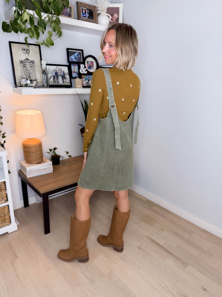 Duselle Stretch Denim Overall Mini Dress- ASH GREEN