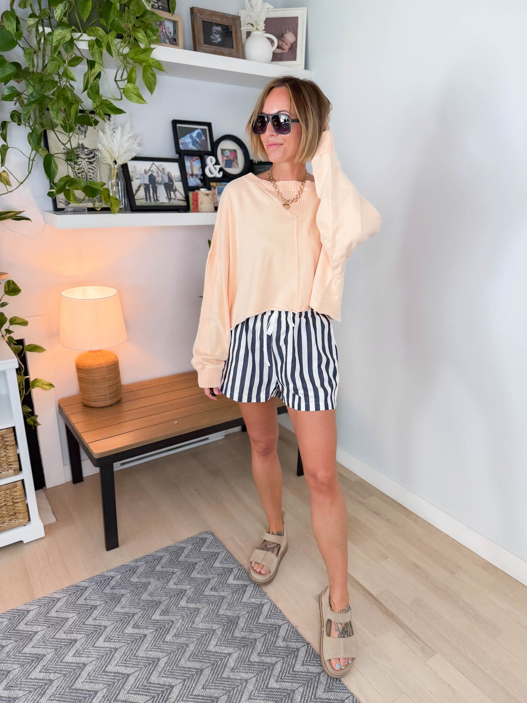 Heather French Terry Crop Sweater- PEACH