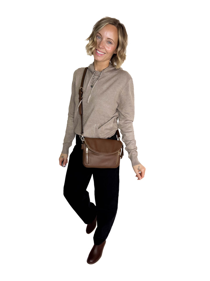 Aubree Flapover Crossbody Bag- BROWN
