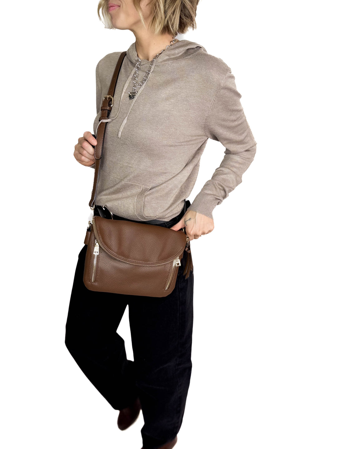 Aubree Flapover Crossbody Bag- BROWN
