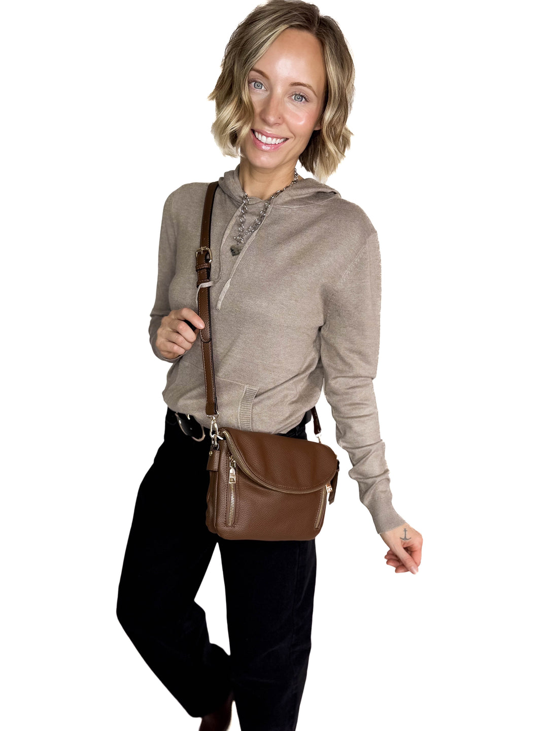 Aubree Flapover Crossbody Bag- BROWN
