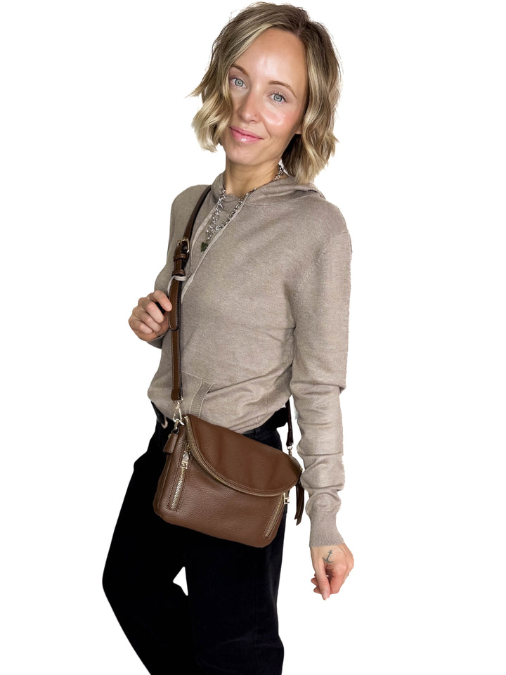 Aubree Flapover Crossbody Bag- BROWN