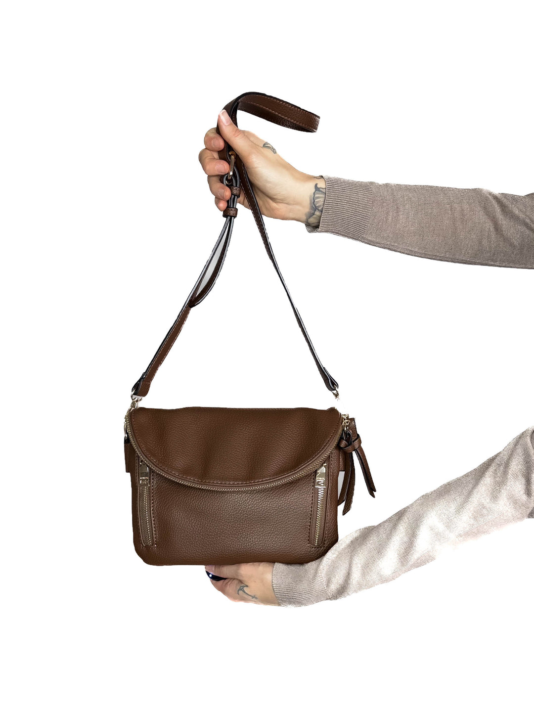 Aubree Flapover Crossbody Bag- BROWN