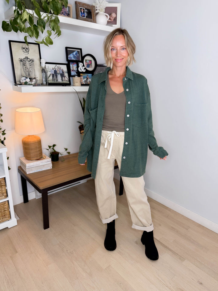 Darla Oversized Washed Soft Button Shacket- PINE GREEN